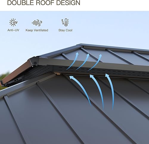 Miniatura 2 de Trumbeak Gazebo de techo rígido de 12 x 16 pies, glorieta de doble techo, marco de metal, pabellón permanente con cortinas y red, cenador al aire