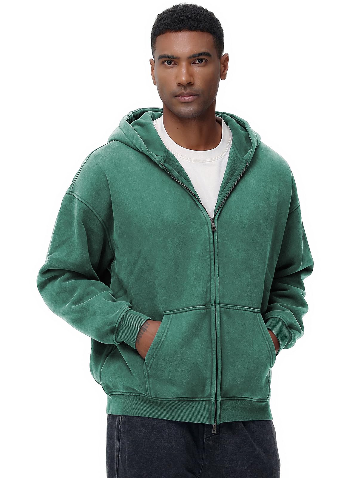 HOTIAN Herren Oversized Hoodie Pullover Vintage Fleece Pullover Acid Wash Basic Warm Kapuzenpullover mit Reißverschluss Streetwear