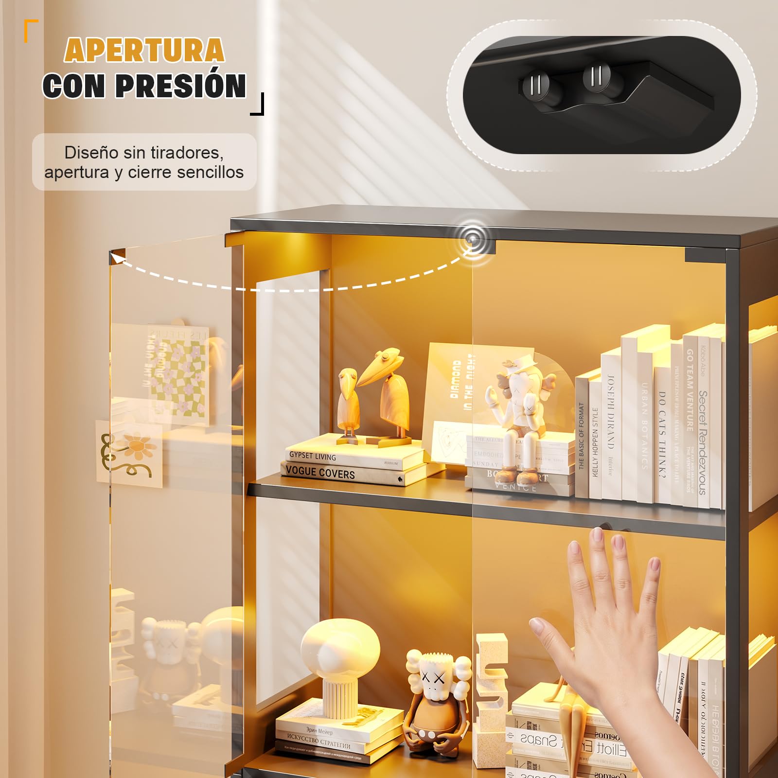 JUMMICO Vitrina de Cristal con LED,Armario Expositor de Estructura Metálica con 4 Estantes, Mueble Anti Polvo para Coleccionables, Libros y Figuras Decorativas para Salón y Dormitorio