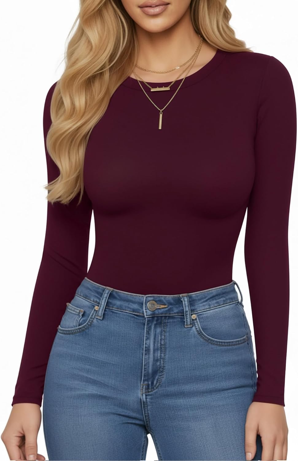 MANGOPOP Women's Crew Neck Short Sleeve Bodysuit Long Sleeve Body Suit T Shirts Basic Slim Fitted Tops - Image 2