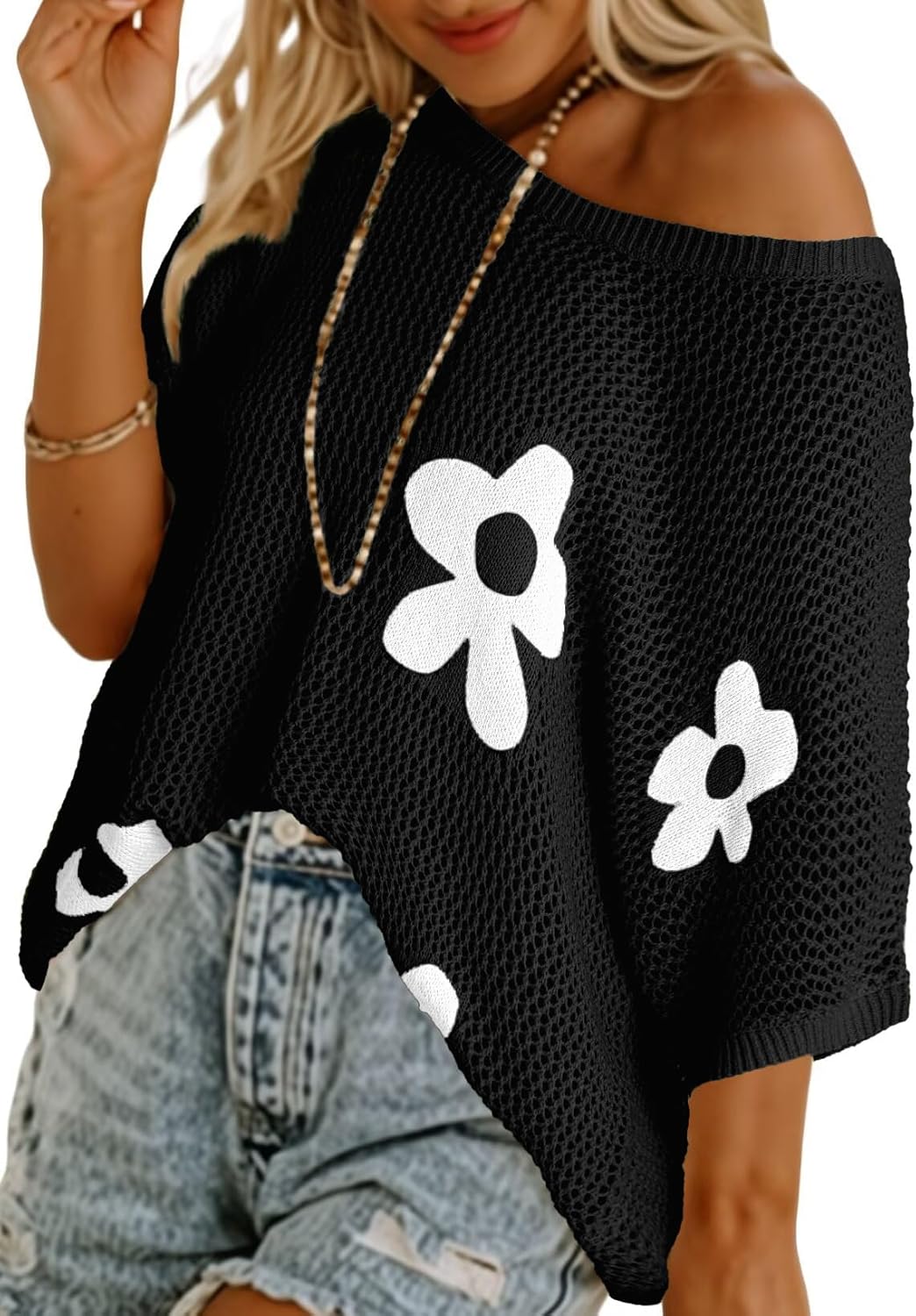 Dokotoo Womens Floral Fashion Summer Tops 2026 Short Sleeve Crochet Sweaters Swimsuit Cover Ups Lightweight Knit Pullover