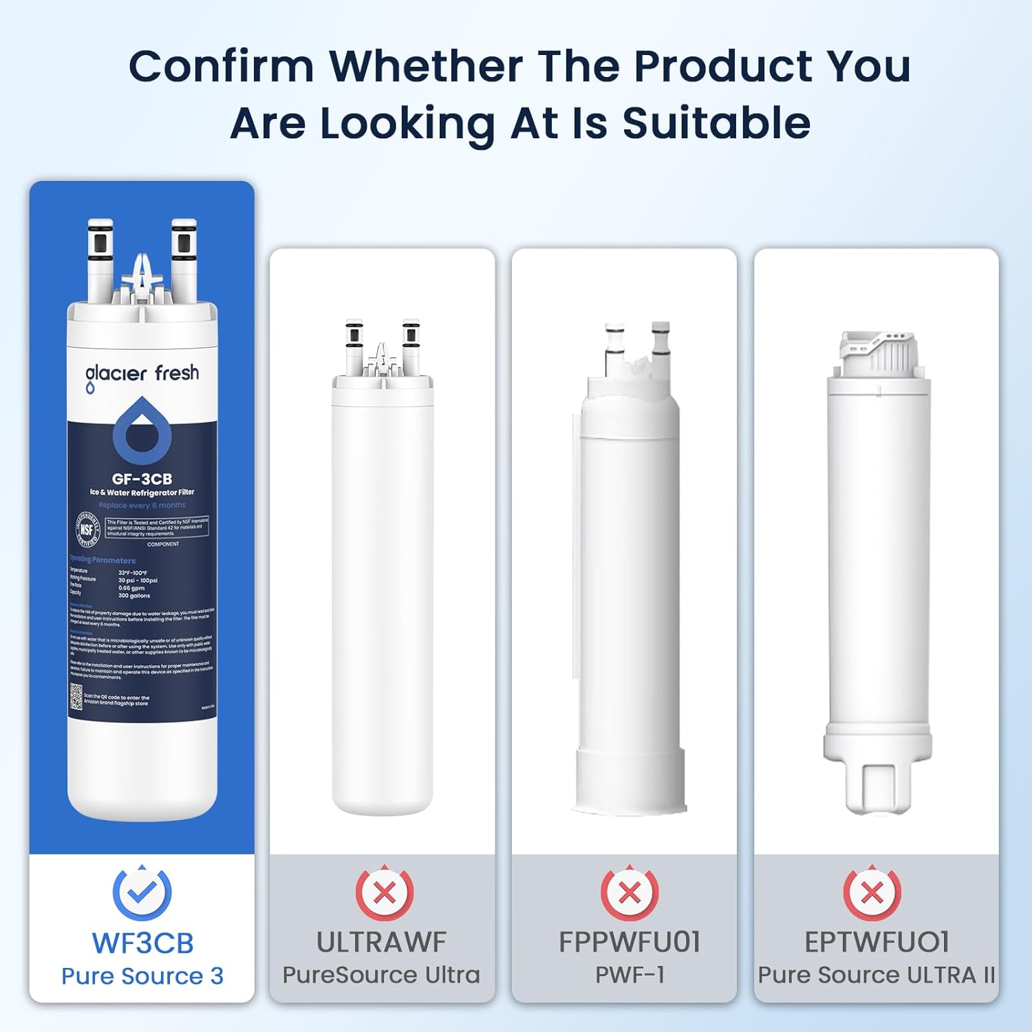 GLACIER FRESH WF3CB Refrigerator Water Filter Replacement for PureSource 3, 706465, WF425, PS3412266, AP4567491, 242017800 Refrigerator Water Filter, Pack of 3
