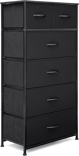 Miniatura 9 de Cómoda de tela para dormitorio, cómoda alta y estrecha con 6 cajones, torre organizadora de almacenamiento, marco de acero y parte superior de
