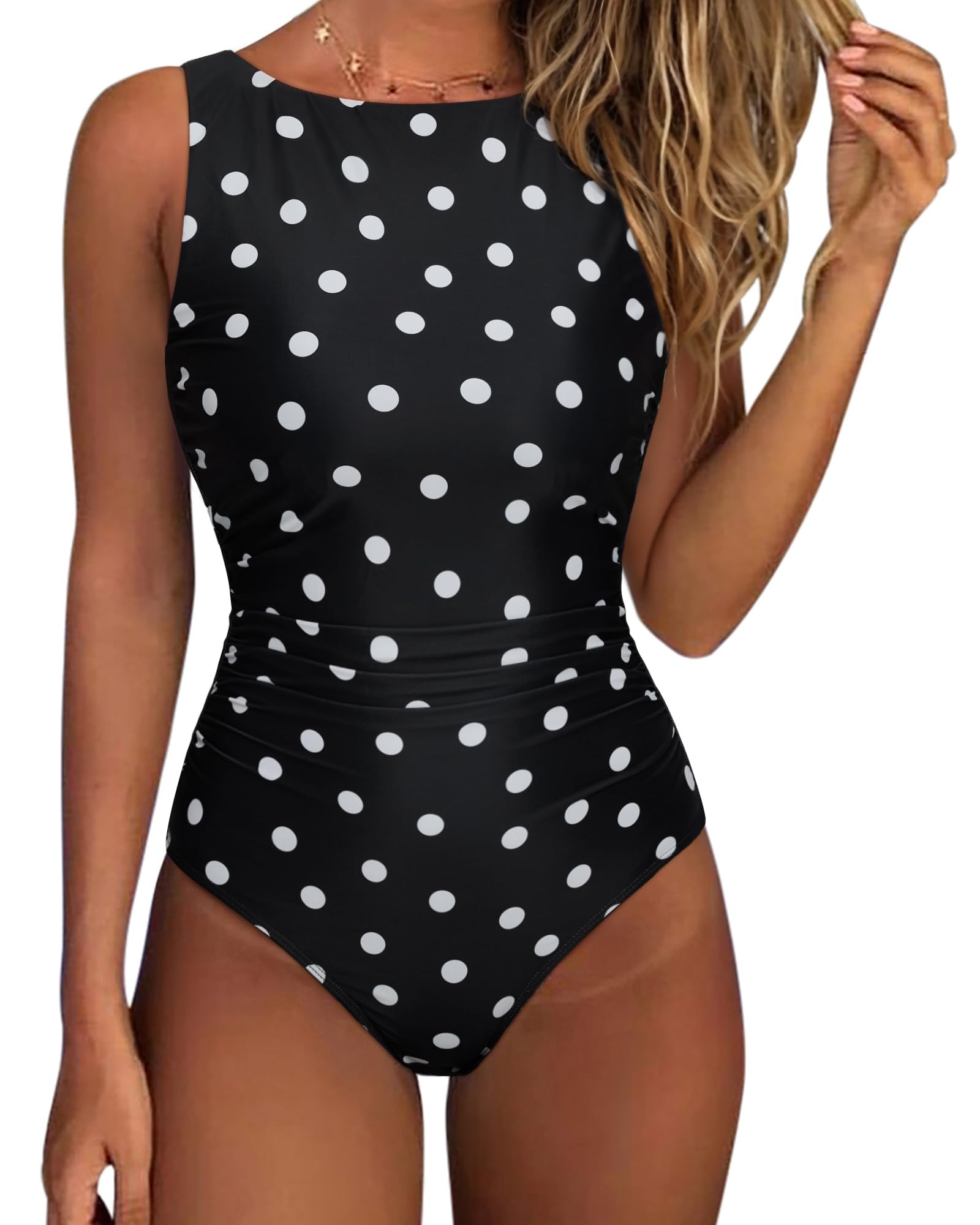 Photo 1 of SUUKSESS Women Sexy One Piece Tummy Control Swimsuit Ruched High Neck Slimming Swimwear 2025 Low Back Bathing Suit(Black White Polka Dots,XX-Large)