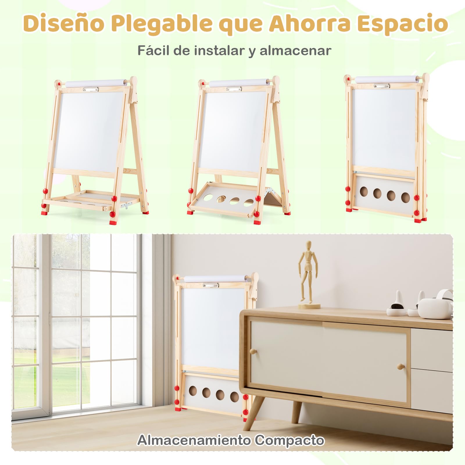 COSTWAY 3 en 1 Pizarra Caballete Infantil, Caballete Plegable con Pizarra Magnética de Doble Cara, Rollo de Papel, Altura Ajustable, Pizarra Magnética Infantil