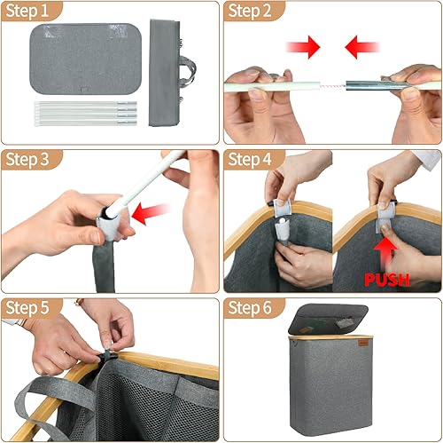 Miniatura 7 de BESHOOME Cesta de lavandería gris con tapa, cesta de lavandería extra grande de 140 L, cesta de lavandería de 2 secciones, cesta de lavandería con