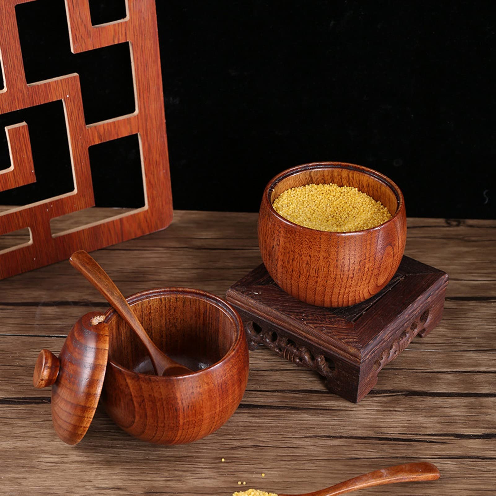 Haofy Holz Salzdosen Set, 2 Satz Gewürzbehälter mit Deckel und Löffel, Gewürztöpfe Im Japanischen Stil für Salz Pfeffer Zucker Chili Pulver