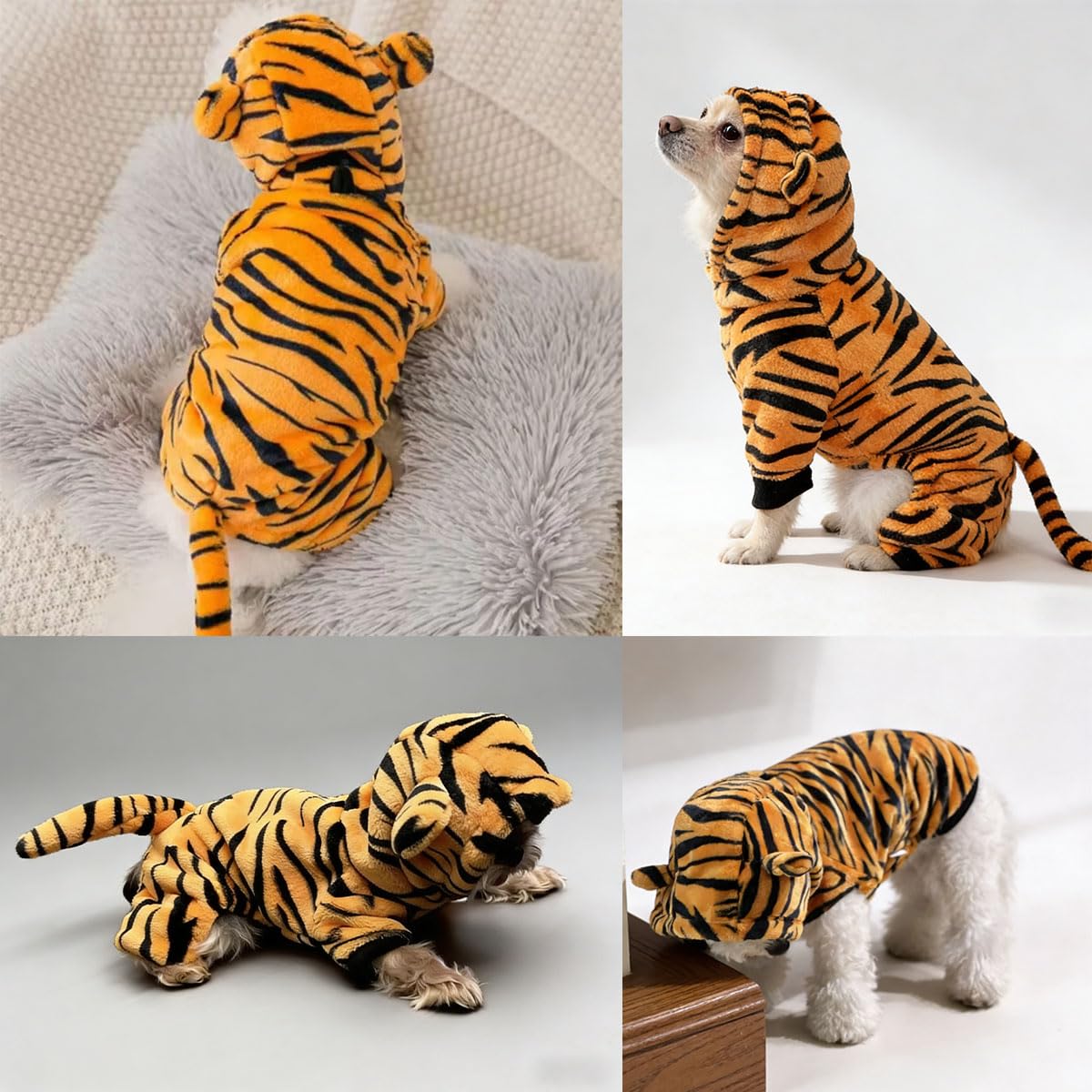 Haustierkostüm-Kollektion, Dinosaurier-Tiger-Bienenmuster, Kapuzenoutfits, warme Winterkleidung, Polyester, kleine Hunde und Katzen, Halloween, Weihnachten, Cosplay (X-Large, Tiger)