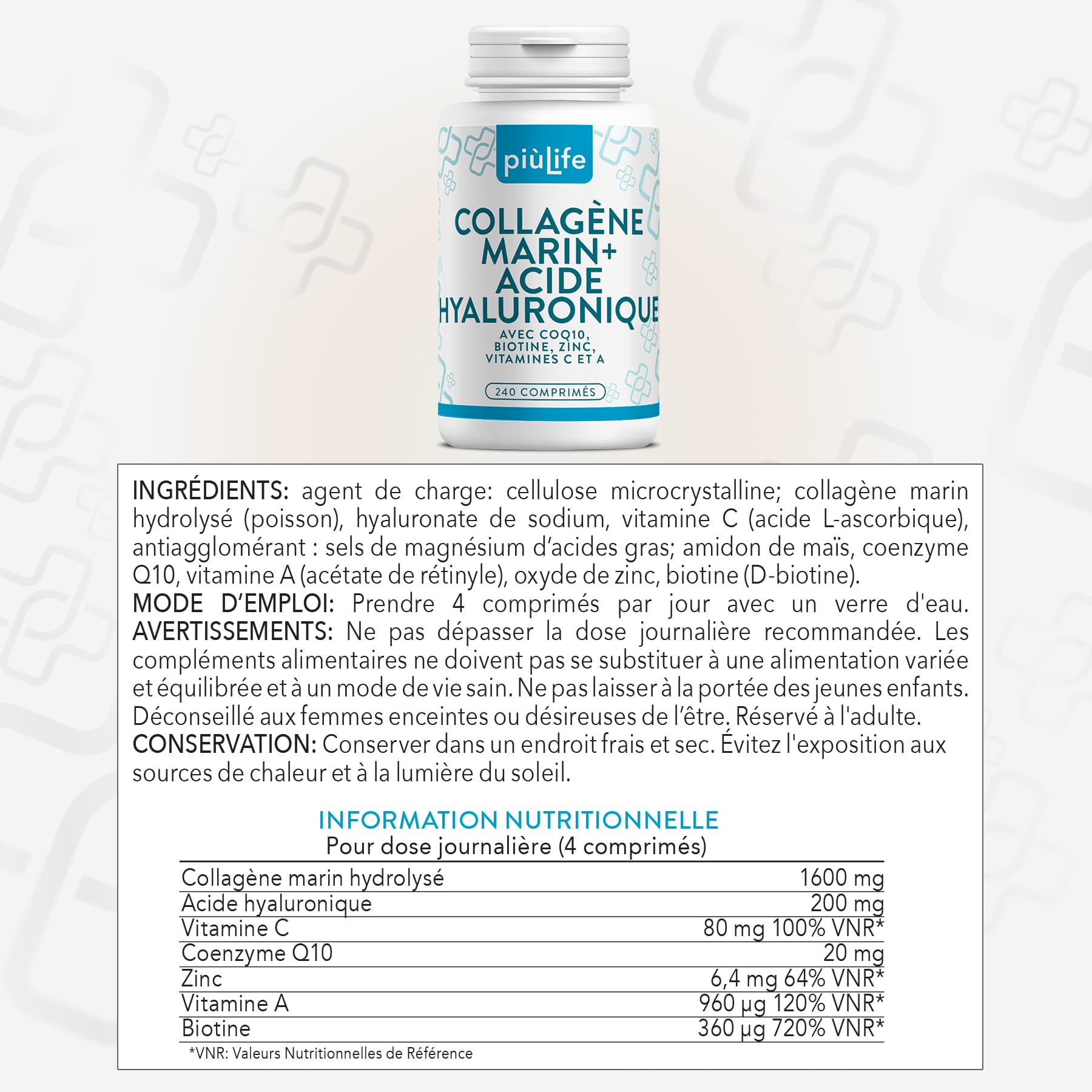 Collagène Marin Acide Hyaluronique PiùLife – 2000 mg Collagène Hydrolysé Type 1, Vitamine C, Biotine, Zinc, Q10 – 240 Comprimés – Peau, Cheveux, Articulations