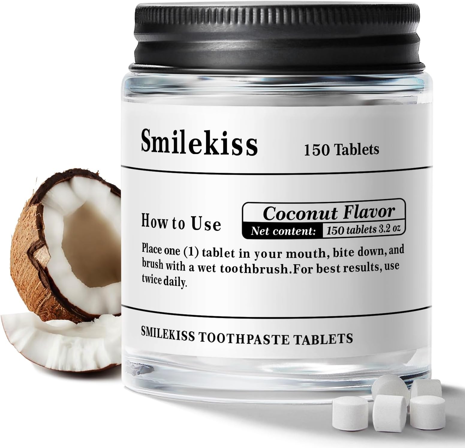 Smilekiss Toothpaste Tablets -Nano Hydroxyapatite Chewable Toothpaste Tabs, Travel Mouthwash Tablets, Flouride&Plastic Free&Travel Friendly - Remineralize with NHA-150Coconut+50Peach+50Mint+50Coconut