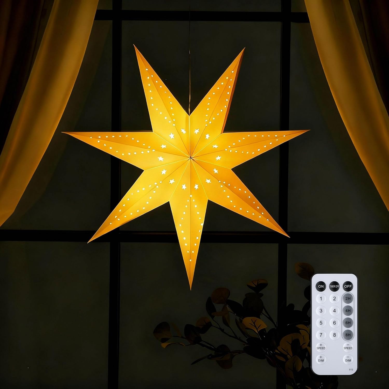 Hiboom Paper Lantern 24 Inch, 8 Mode 50 LEDs Firework Fairy String Lights, Light up Hollow Out Star Hanging Decoration for Indoor Outdoor Room Wedding Christmas Party (7-Point Star, 1 Set)