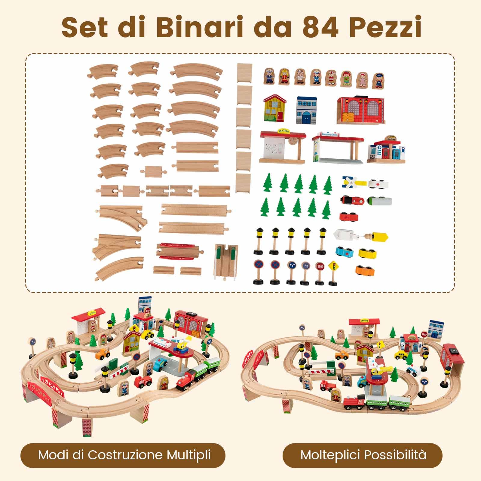 COSTWAY Tavolo e Set di Trenini in Legno, Tavolo Reversibile e Staccabile e Binari in Legno Massiccio, Set da Gioco Creativo 84/80 Pezzi, per Bambini 3 Anni+ (Stile 1)