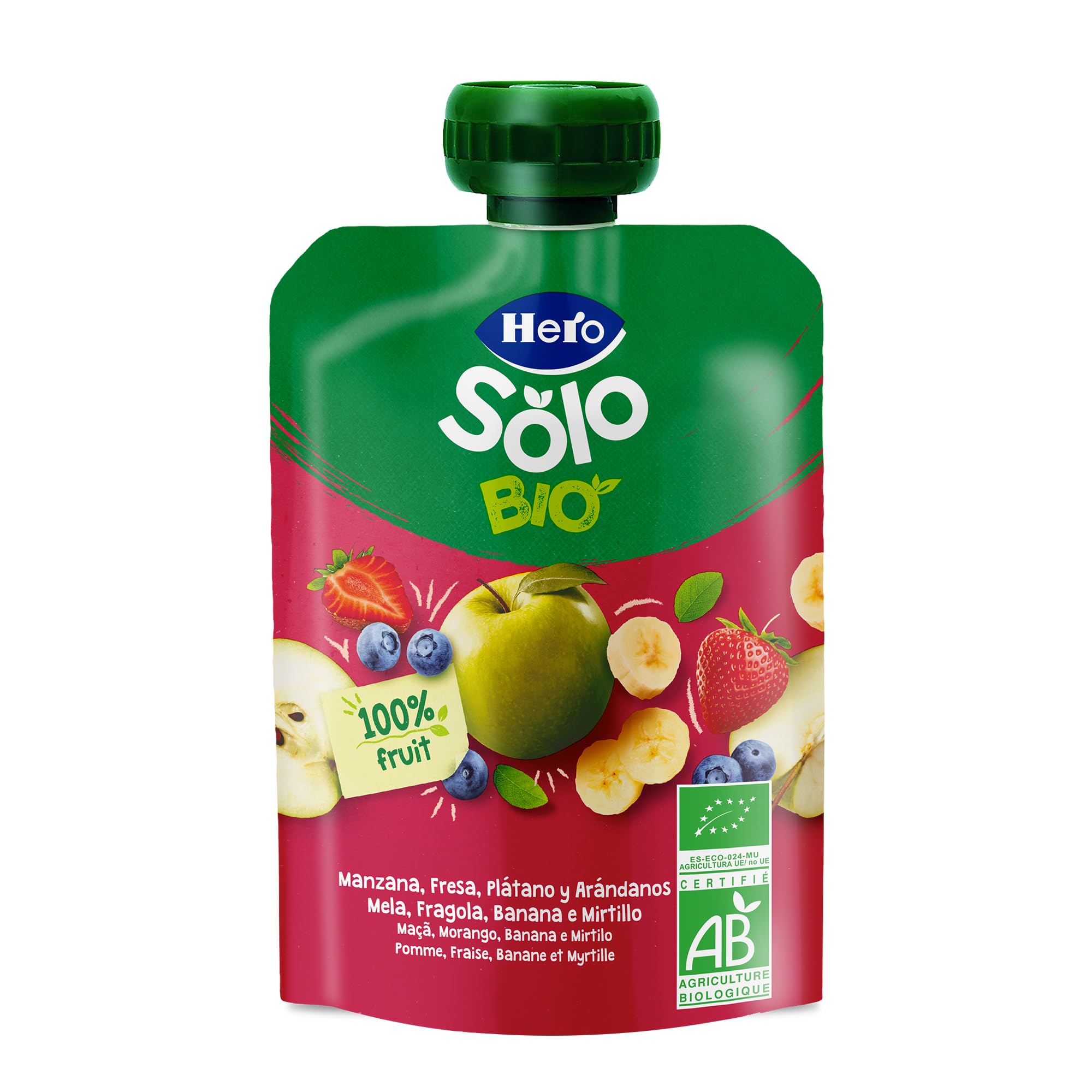 Hero Solo Pouch Frutta Frullata 100% Bio Mela, Banana, Fragola e Mirtillo, senza Zuccheri Aggiunti, Conservanti e Coloranti, senza Glutine, dai 4 Mesi in su - Pack da 18 Confezioni X 100 G