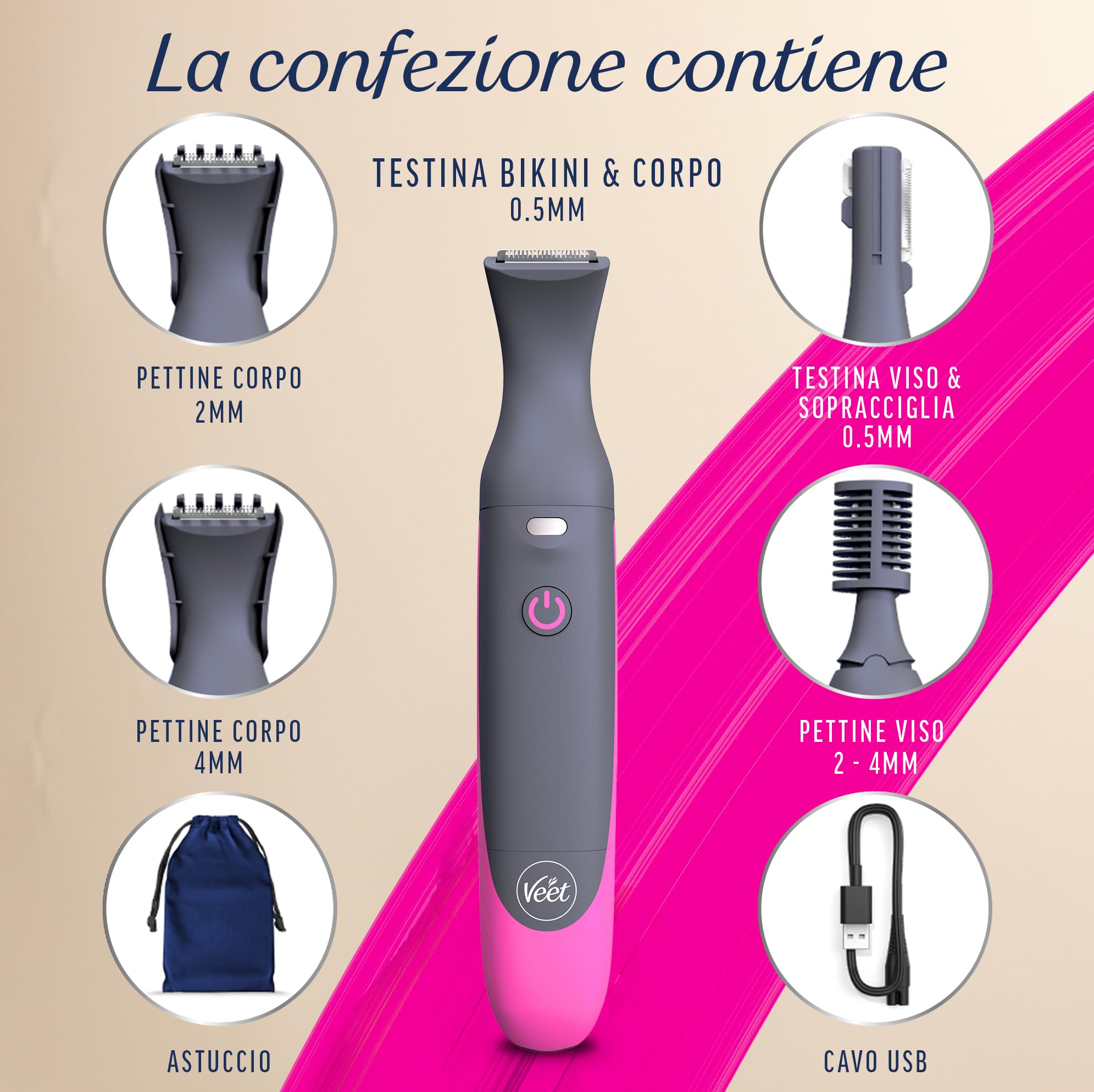Veet Expert All-In-One Trimmer, Rasoio elettrico donna, Viso e parti intime, 100% waterproof, 2 testine e 3 pettini, Rasatura ad alta precisione, Cordless + Strisce Depilatorie viso Pelli Sensibili