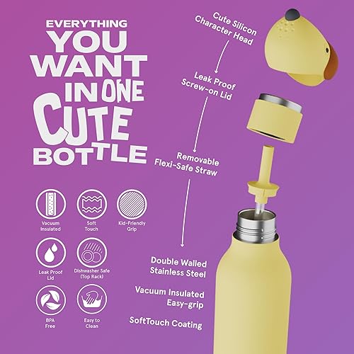 Miniatura 3 de asobu Bestie: Botella de agua aislada de acero inoxidable con cabeza de animal suave desmontable, bebida divertida para niños y adolescentes con