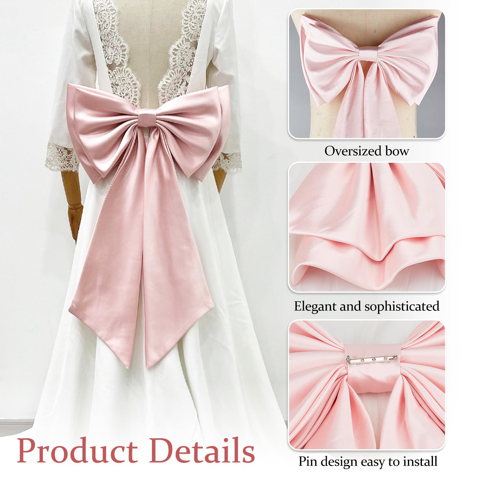 NICENEEDED Detachable Satin Bow for Wedding Dress Pink Bridal Bowknot - Image 3