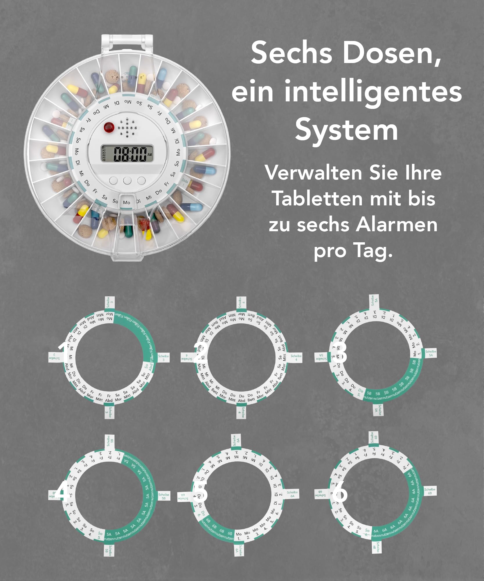 TabTime automatischer Tabletten-/Pillenspender mit Erinnerung, transparenter Deckel, verschließbar mit Zeitschaltung, ideal für Alzheimer- und Demenzpatienten, mit Dosierungsringen auf Deutsch
