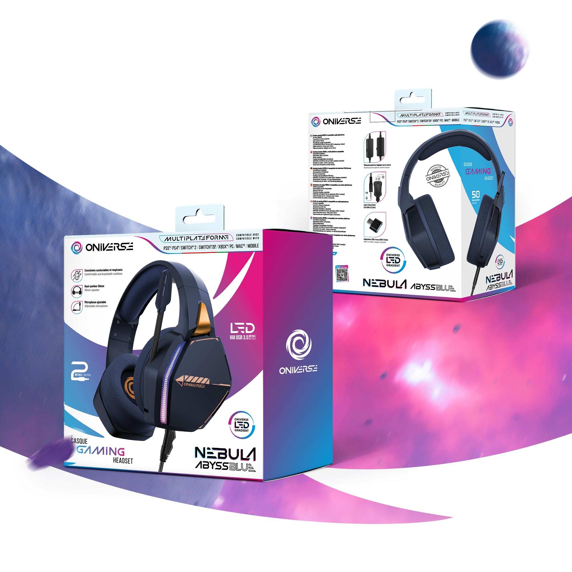 Słuchawki do gier PS5 PS4 Switch 2 Xbox PC Mac z regulowanym mikrofonem LED, głośniki 50 mm, oddychające wkładki z tkaniny - Nebula Abyss Blue Przewodowy zestaw słuchawkowy Stereo Gamer