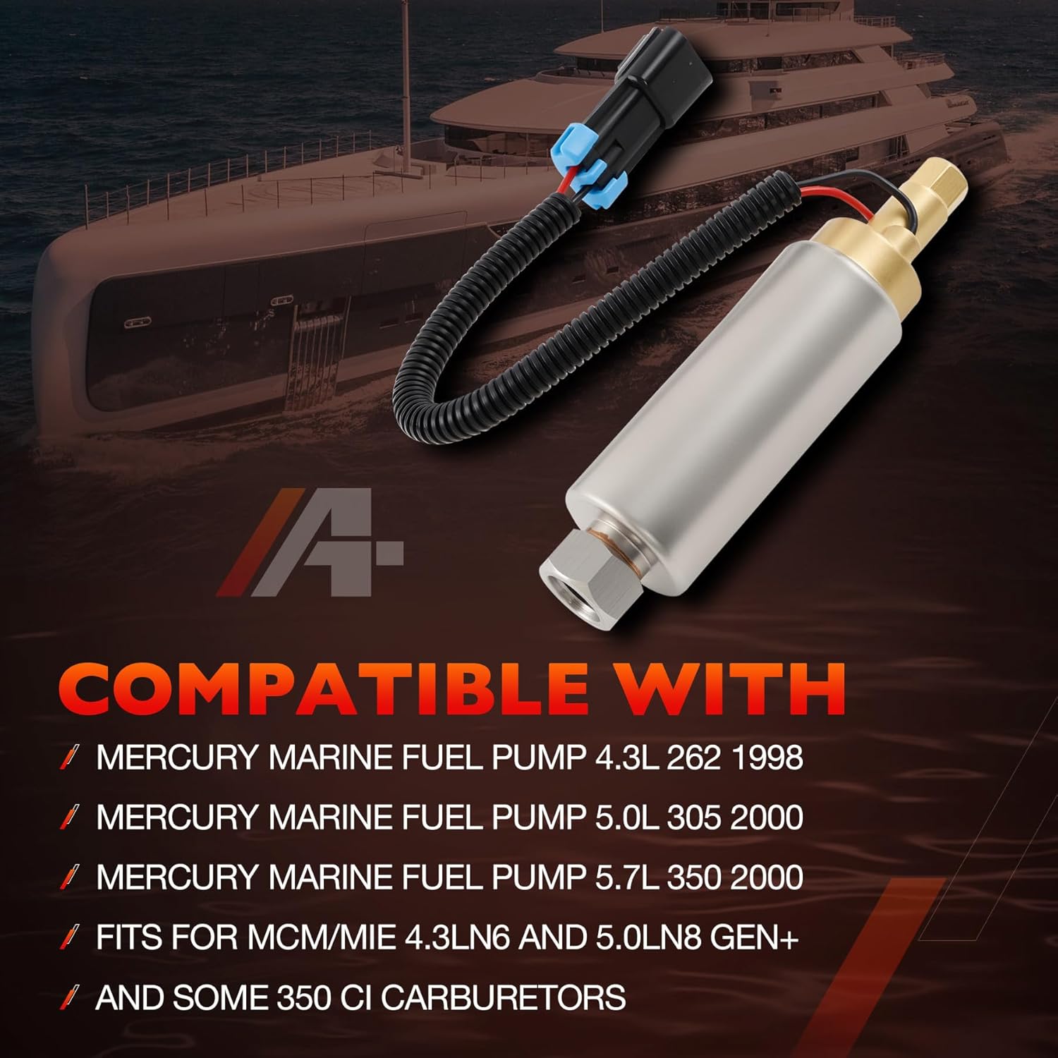 Electric Fuel Pump Compatible with Mercury Mercruiser Marine Boat 4.3L–5.7L V6 & V8 Carbureted Engines – Low Pressure, Boat Fuel Pump, OEM 861155A3 861155-2 18-8868 935432 with Gasket