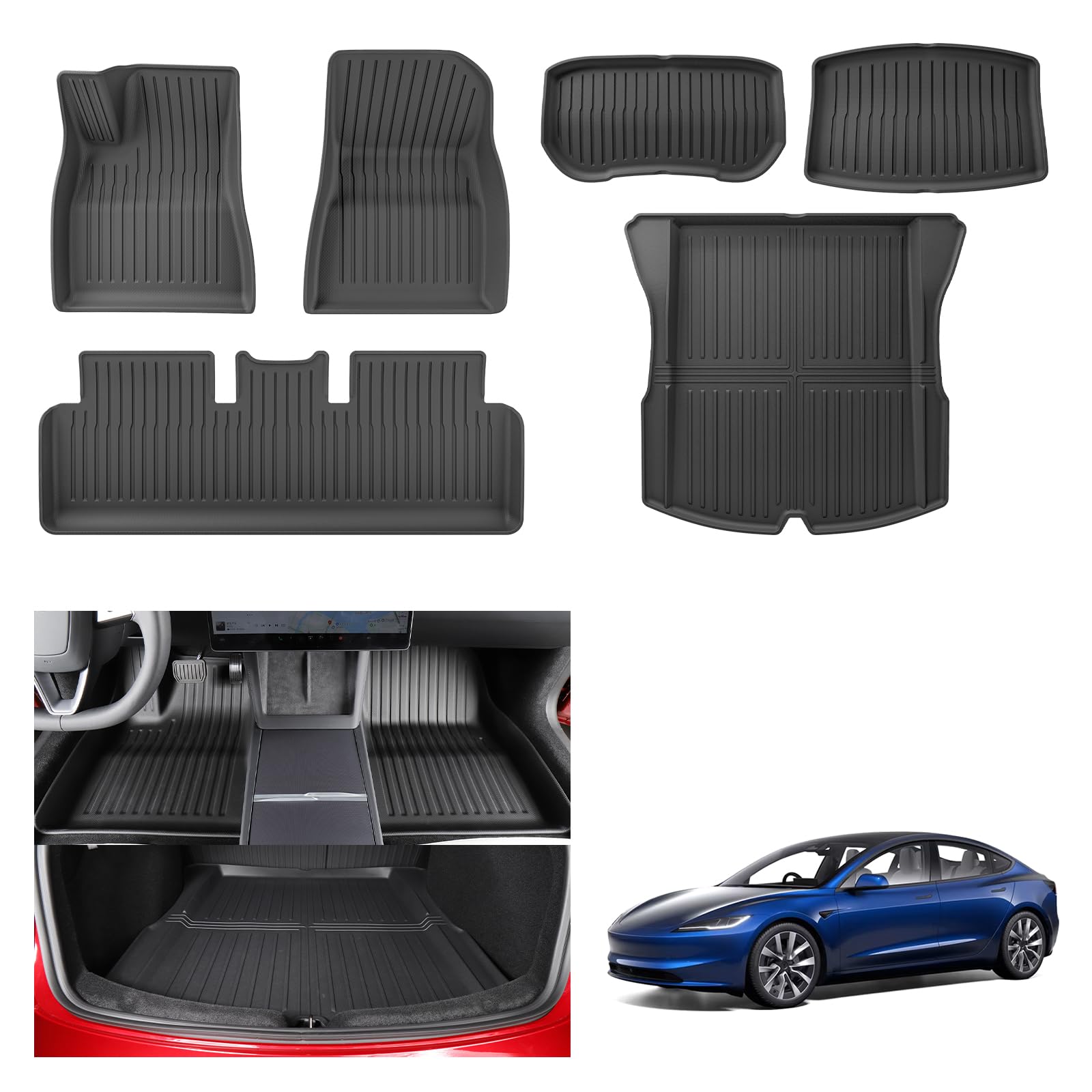 [6 Stück] GAFAT Neu Tesla Model 3 Highland 2024 2025 Kofferraummatten+Fussmatten, TPE Allwetter Innenmatten für Kofferraum & Boden, Hohe Kante Original 3D-Scannen
