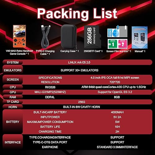Miniatura 7 de RegiisJoy V40 Max Handheld Game Console, 40000 Games 4 inch IPS Screen Retro Arcade Console, 256G 4000mAh Mini Portable Pocket Video Console Gift