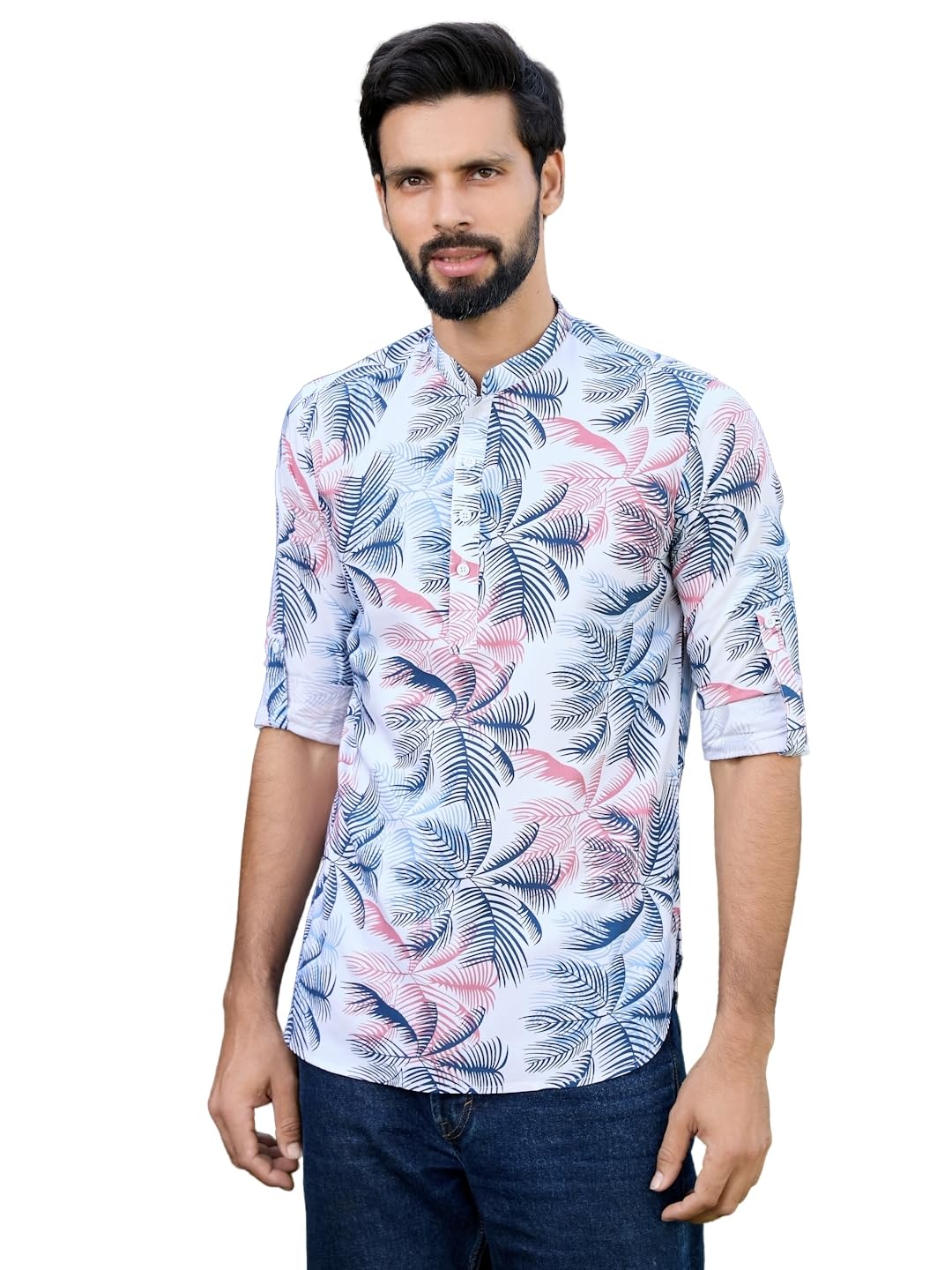 See Designs Men's Roll-Up Sleeve Mandarin Collar Navy Tropical Printed Rayon Short Kurta - Sdkt2937M