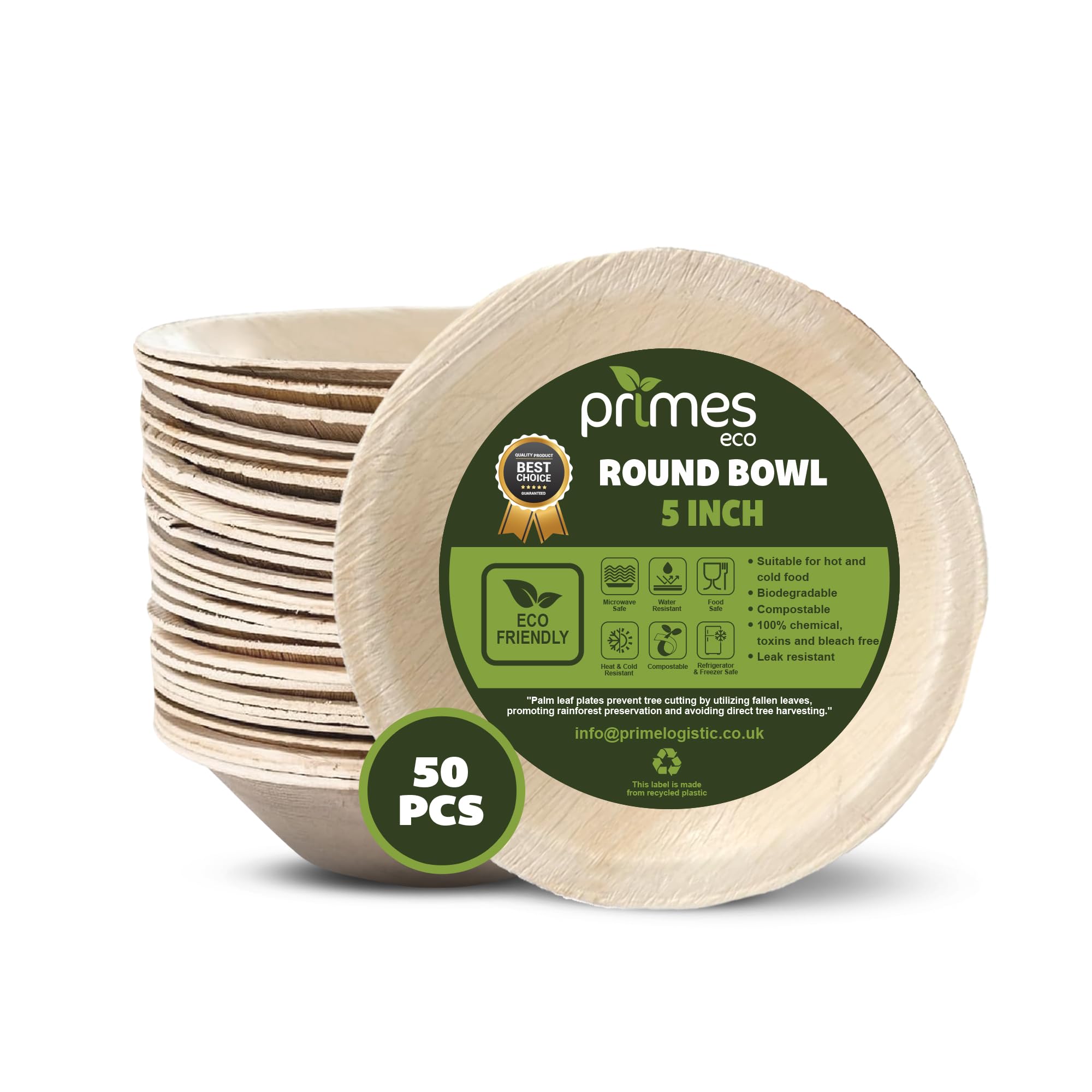 PRIMES ECO 50 PC Disposable Palm Leaf Round Bowls | Eco Friendly Biodegradable Compostable Soup, Salad, Pasta, Dessert Bowls | Sturdy Disposable Palm Leaf Tableware for Party and Catering (5 INCH)