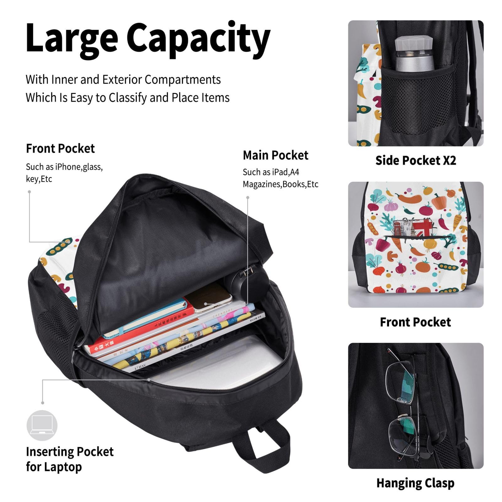 Juego de 3 mochilas escolares con estampado de alimentos saludables, mochila para laptop resistente al agua de gran capacidad con bolsa de almuerzo aislada y estuche para lápices para