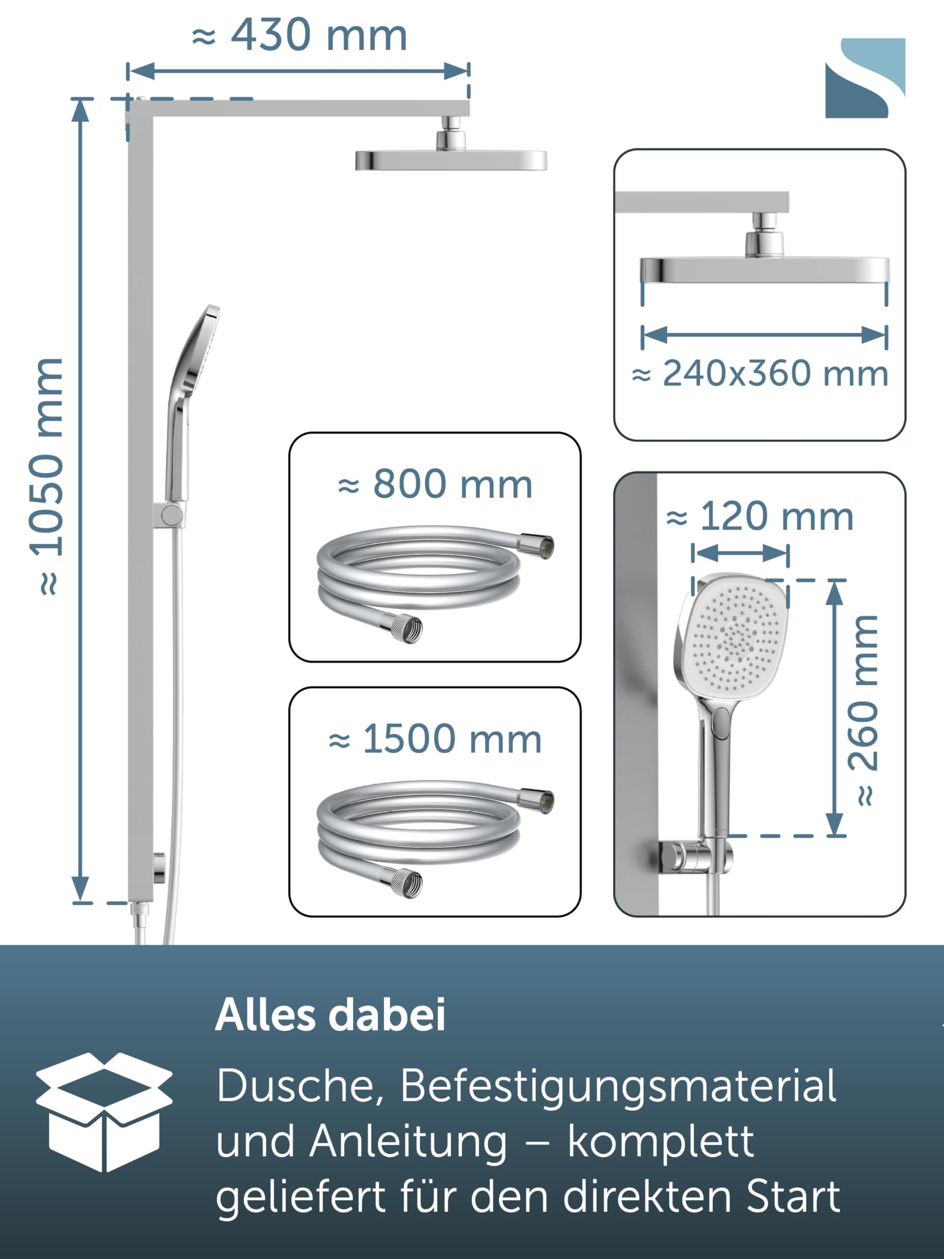 SCHÜTTE LA PALMA Duschsystem mit Regendusche und Duschsäule, 36x24 cm Edelstahl Duschkopf, Duschset ohne Duscharmatur, Duschstange mit Hand- und Kopfbrause, Chrom