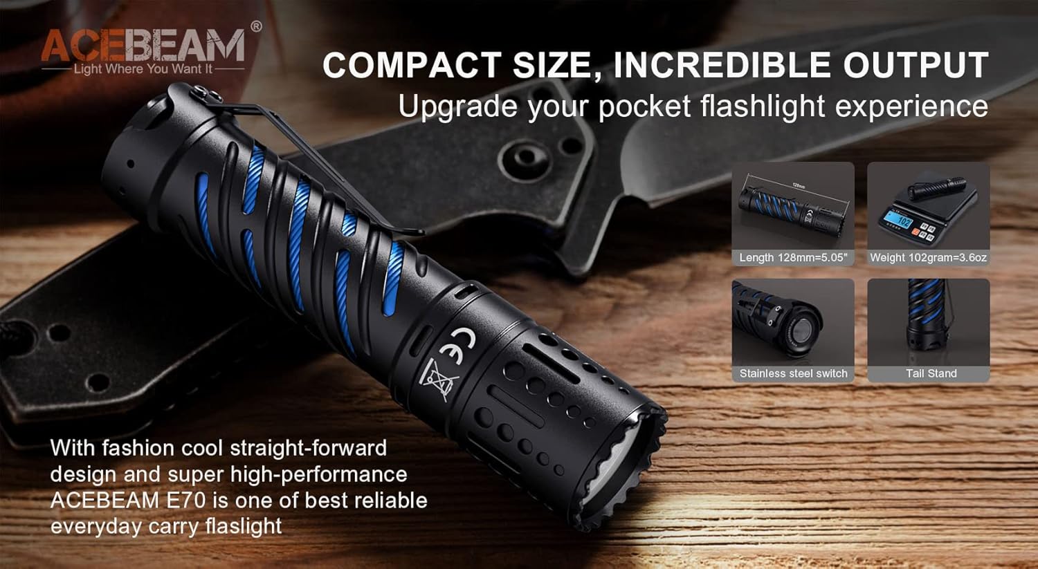 ACEBEAM E70 LED Flashlight -4600 Lumens -up to 240 Meters Throw 6500K Cool White w/ Battery Included