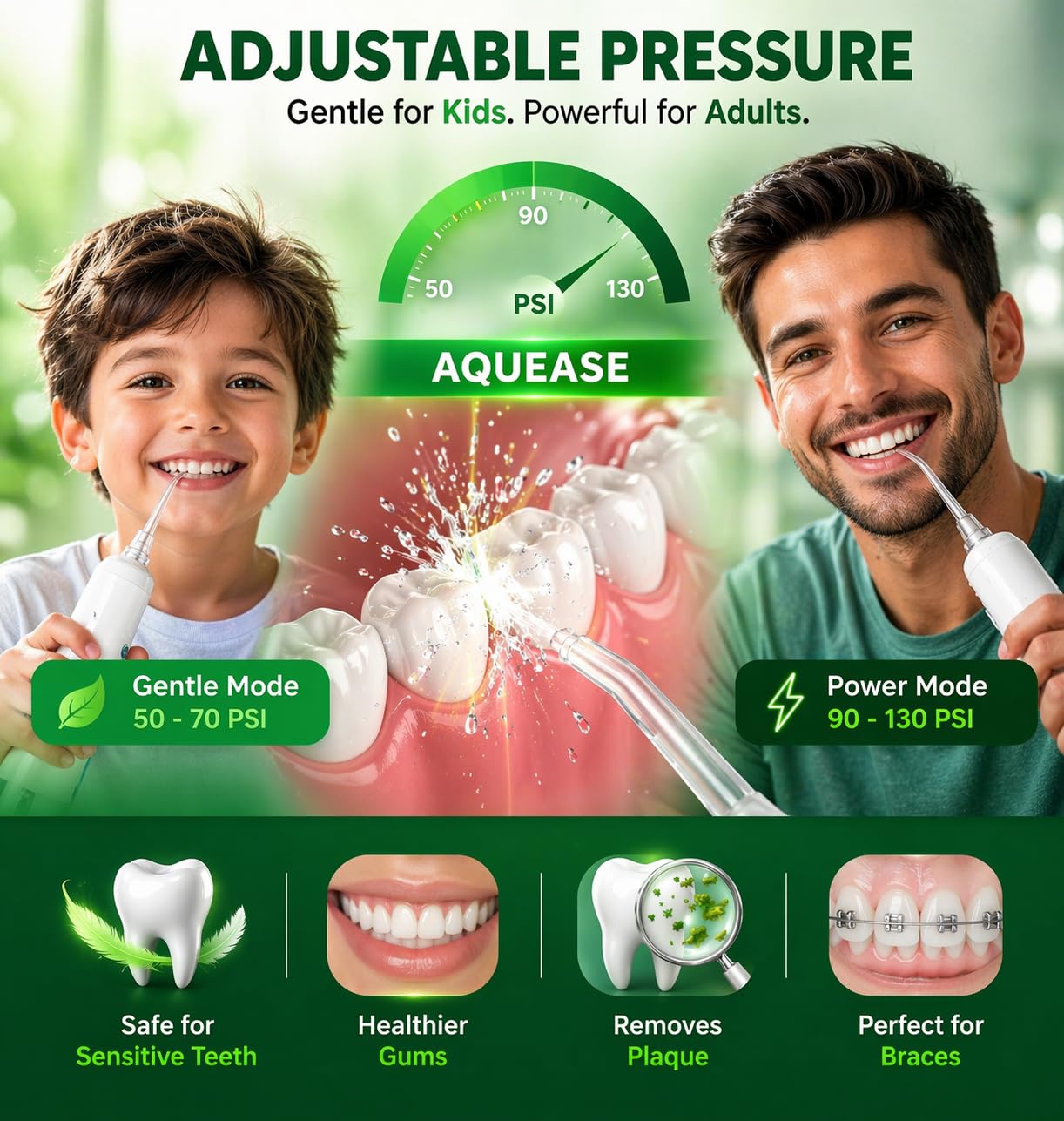 Irrigador bucal inalámbrico para encías y aparatos ortopédicos sensibles, luz integrada para autolimpieza, 4 puntas, 2 modos, 18 ajustes de presión, bolsa, hilo dental portátil recargable e