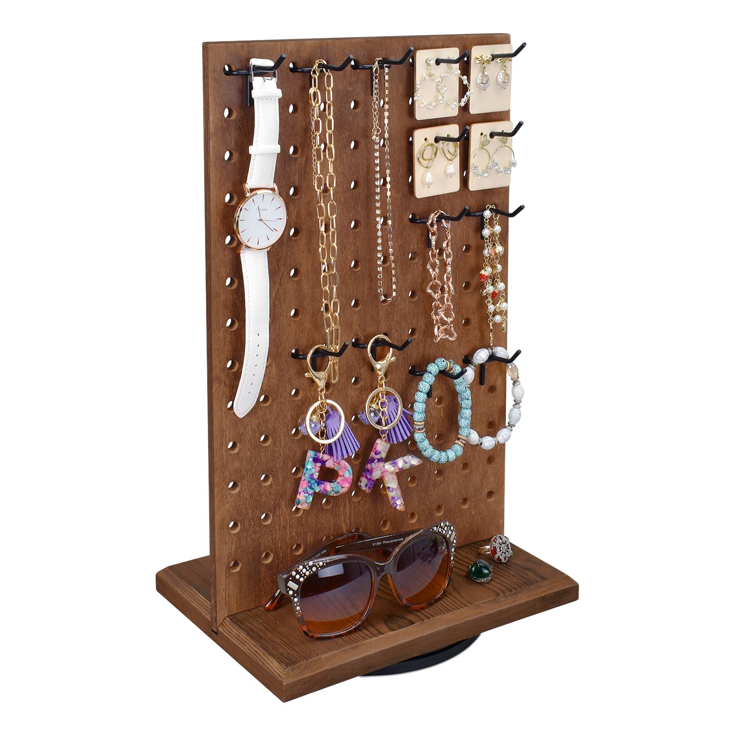 MOOCA Wooden Rotating Two-Sided Pegboard Jewelry Display Stand with 30 Removable Hooks for Bracelets, Earrings and Keychains, Versatile Countertop Rack for Store, Tradeshow, and Home, Brown Color