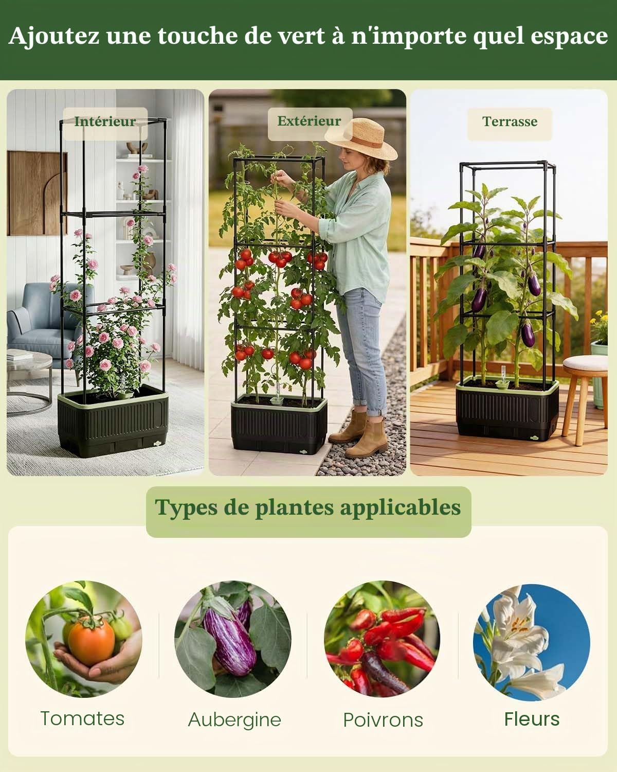 Pot à tomates auto-arrosant avec treillis, treillis cages à tomates rectangulaires pour carré potager, bac à tomates pour pots de jardin, terrasse, intérieur et extérieur (1 pièce)
