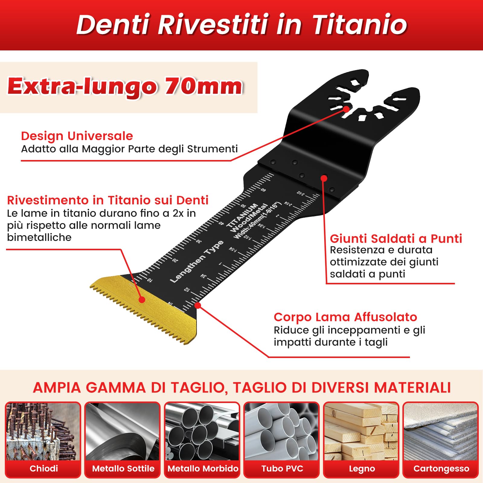 8Pezzi Titanio Lame Utensile Multifunzione Accessori per Utensili Oscillanti Lame Multifunzione Compatibili con DeW Makita Rockwell Bosch Milwaukee (8pz Extra-lungo)