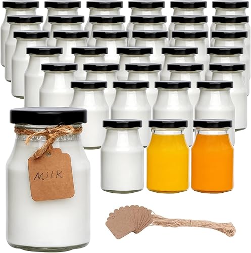 QAPPDA Juego de 36 botellas de vidrio de 6 onzas, botella de leche de vidrio transparente con tapa, botella de jugo reutilizable de 6.8fl oz,
