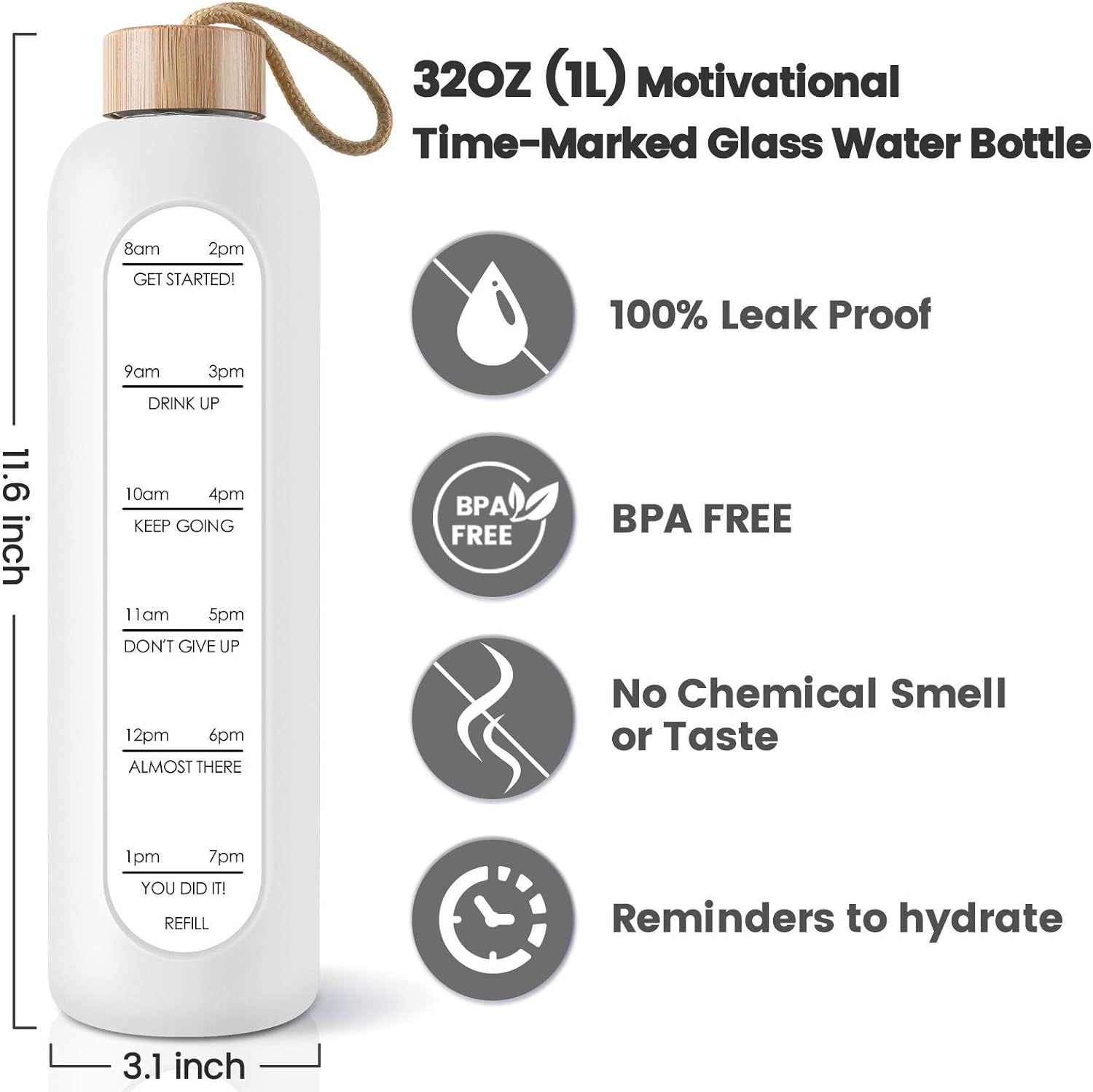 PROBTTL 32 Oz Borosilicate Glass Water Bottle with Time Marker Reminder Quotes, 1 Liter Leak Proof Reusable BPA Free Motivational Water Bottles with Silicone Sleeve and Bamboo Lid (White) - Image 2