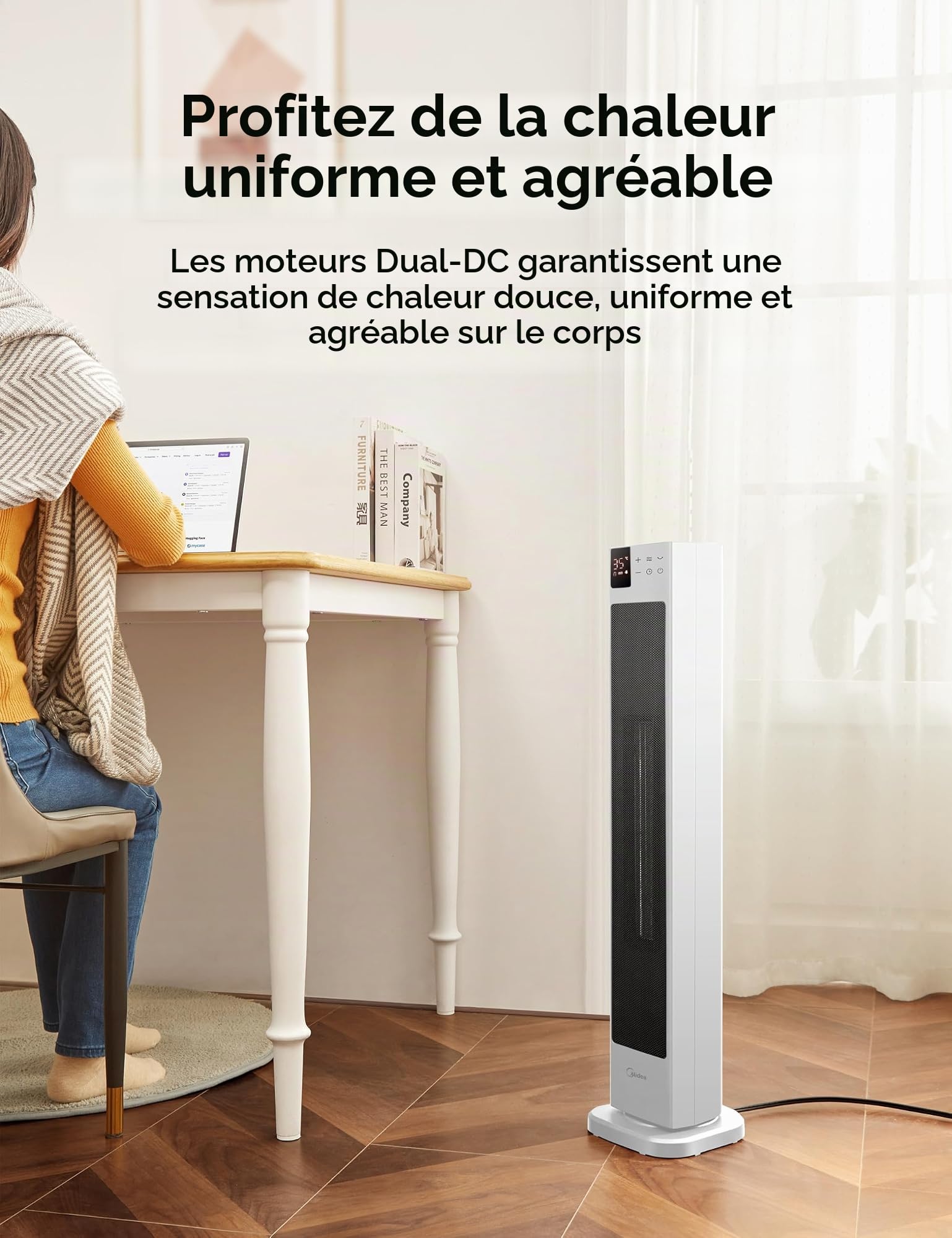 Midea Chauffage Électrique Économique et Silencieux avec Télécommande, PTC 2000W Radiateur en Céramique avec Thermostat, Minuterie 24H, Mode ÉCO, pour Grandes Pièces, Oscillation à 75°, 76,5CM