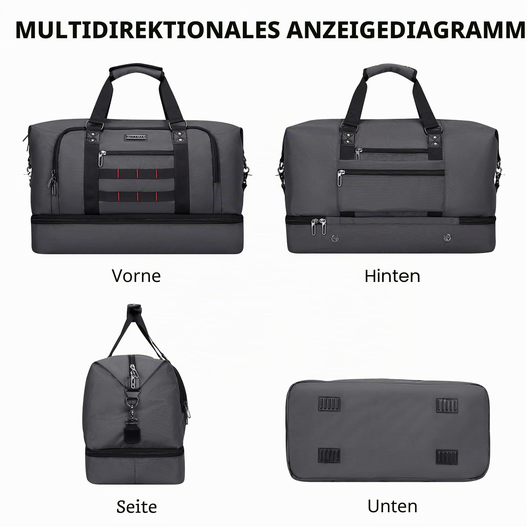 WITZMAN Reisetasche Herren 55L Nylon Weekender Duffle Bag mit Kulturbeutel | Mehrere Taschen mit Schuhfach und Nassfach, Handgepäck Flugzeug, Konvertierbar für Reisen, Sport, Weekender, B696 Silbergrau