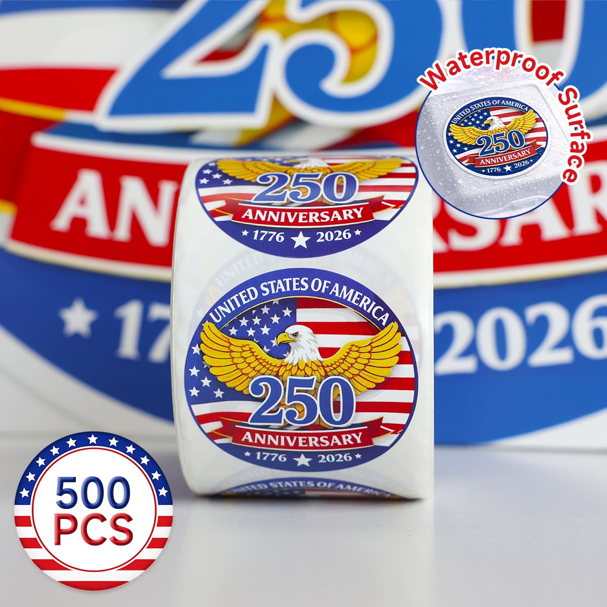 Patriotic 250th Independence Anniversary Stickers Roll Round American Flag Waterproof Decals 1.89" Strong Adhesive Labels for Water Bottles Laptops 4th of July Party Decorations 500 PCS - 3