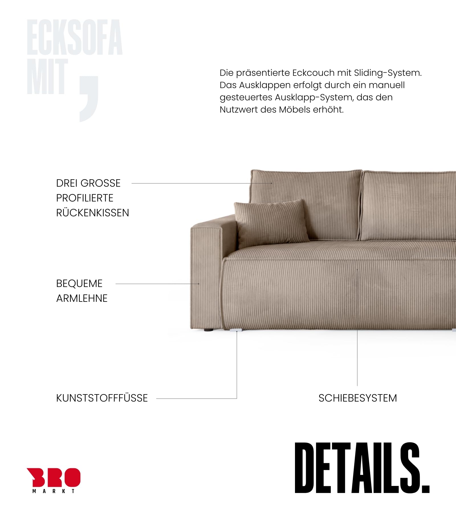 BROMARKT Ecksofa mit Schlaffunktion Couch L Form 270x173x80 cm Beige | Sofa mit Bettkasten Wohnlandschaft Schlafsofa freistehend HAVANA Schlafcouch mit Stauraum Cord 3 sitzer Sofabed Eckcouch