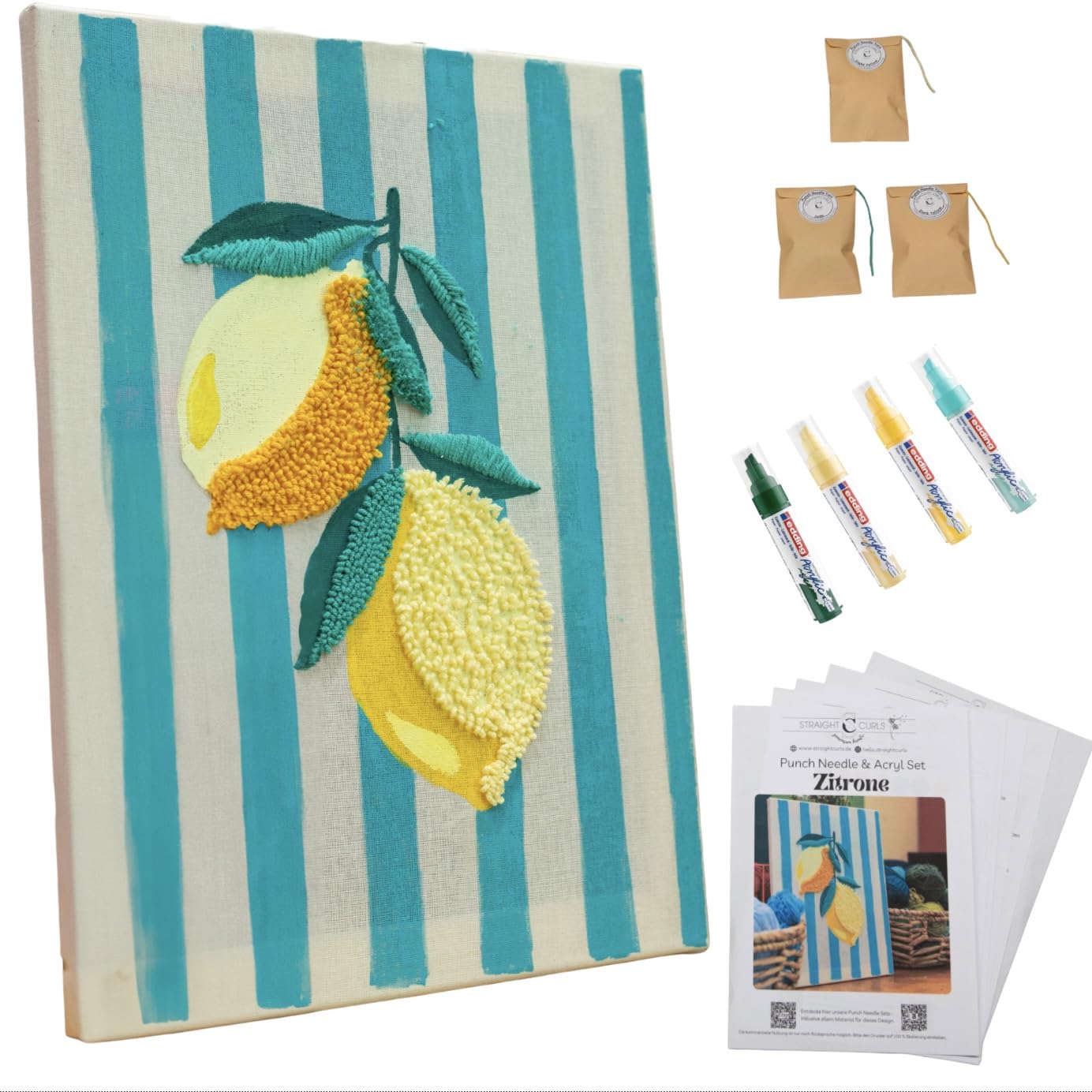 Punch Needle & Acryl Starterset „Zitrone“ – modernes DIY Kreativset für Erwachsene & Anfänger | inkl. Garn, edding Acrylstifte, Keilrahmen 40×30 cm & gedruckter Schritt für Schritt Anleitung