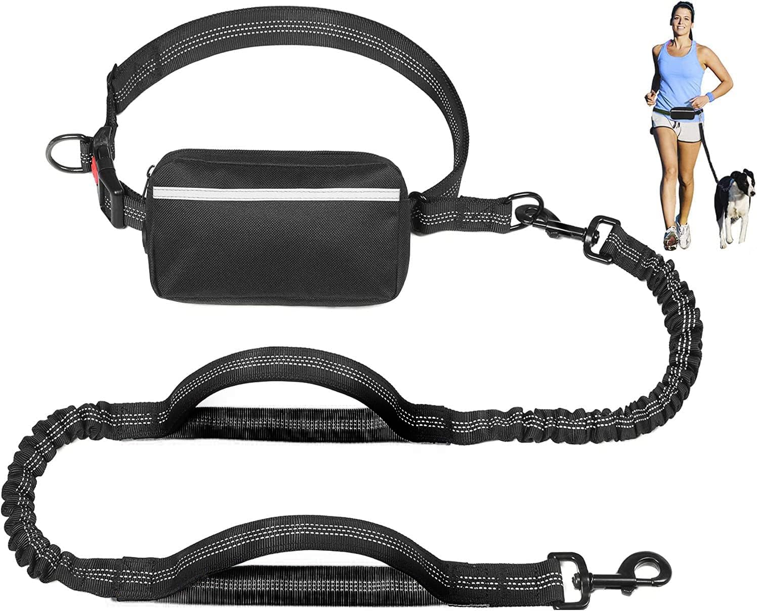 Moonmen Dog Leash for Running Walking Training Hiking, Hands Free Dual-Handle Reflective Bungee, Poop Bag Dispenser Pouch, Adjustable Waist Belt, Shock Absorbing, Ideal for Medium to Large Dogs