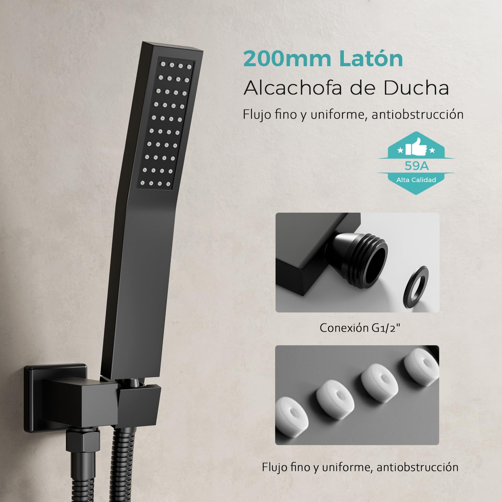Alcachofa de Ducha Negro con Boquillas Antical, Alcachofa de Ducha de Latón de Alta Presion, Cuadrado Cabezal de Ducha de Mano con Manguera 1.5 m y Soporte, Universal G1/2