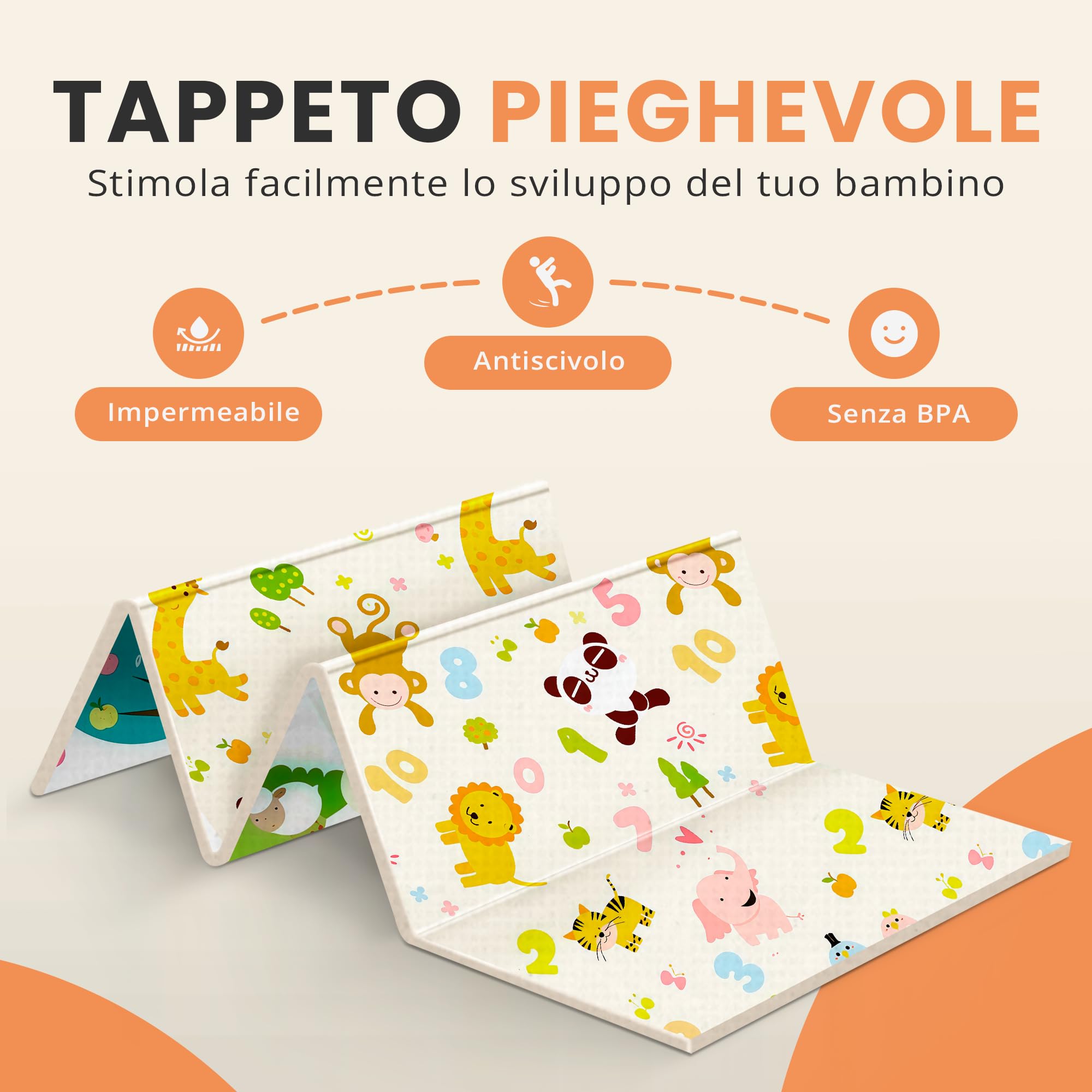 JUPPLIES Tappeto Gioco Bambini Pieghevole 200x180x1cm – Tappetone Morbido Neonato Reversibile Antiscivolo e Impermeabile – Tappeto Attività Montessori per Gattonare e Tummy Time