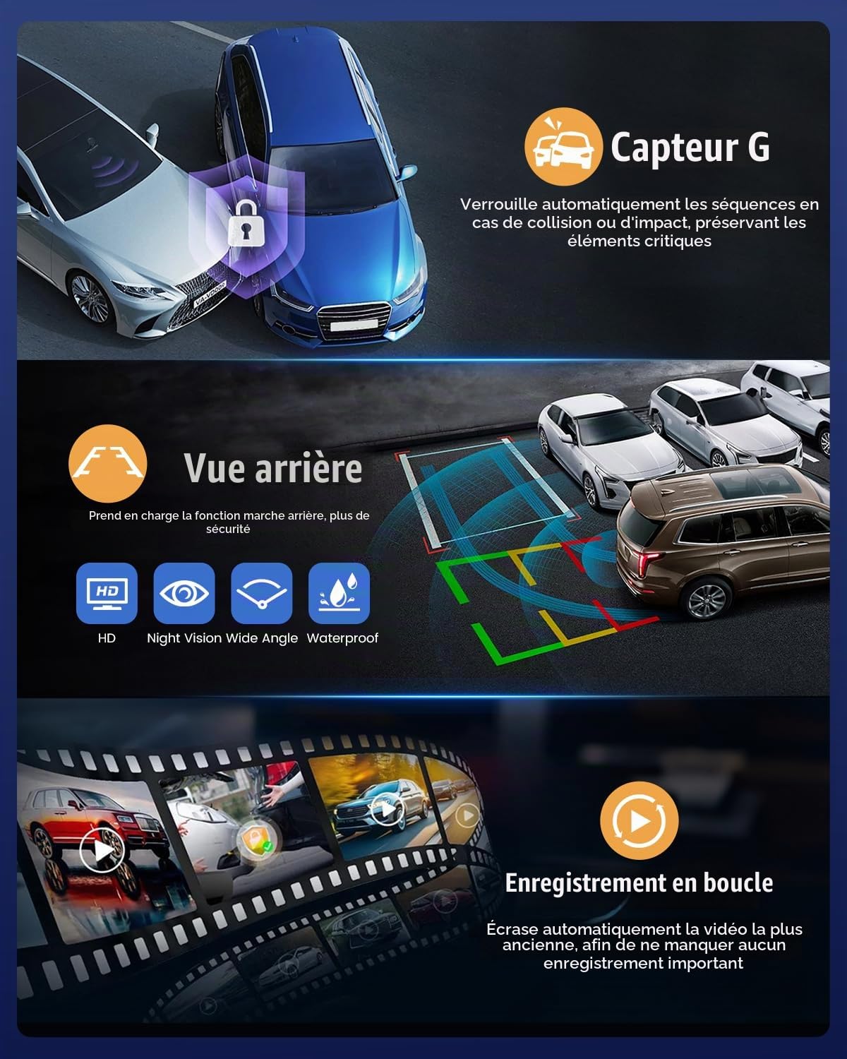9,7'' Écran Tactile 4K Dashcam Retroviseur Voiture, 2 Dash Cam Avant et Arrière, Camera Embarquée Voiture Enregistrement Boucle avec GPS/WiFi/Capteur de Gravité/Rétroviseur avec Fonction de Streaming