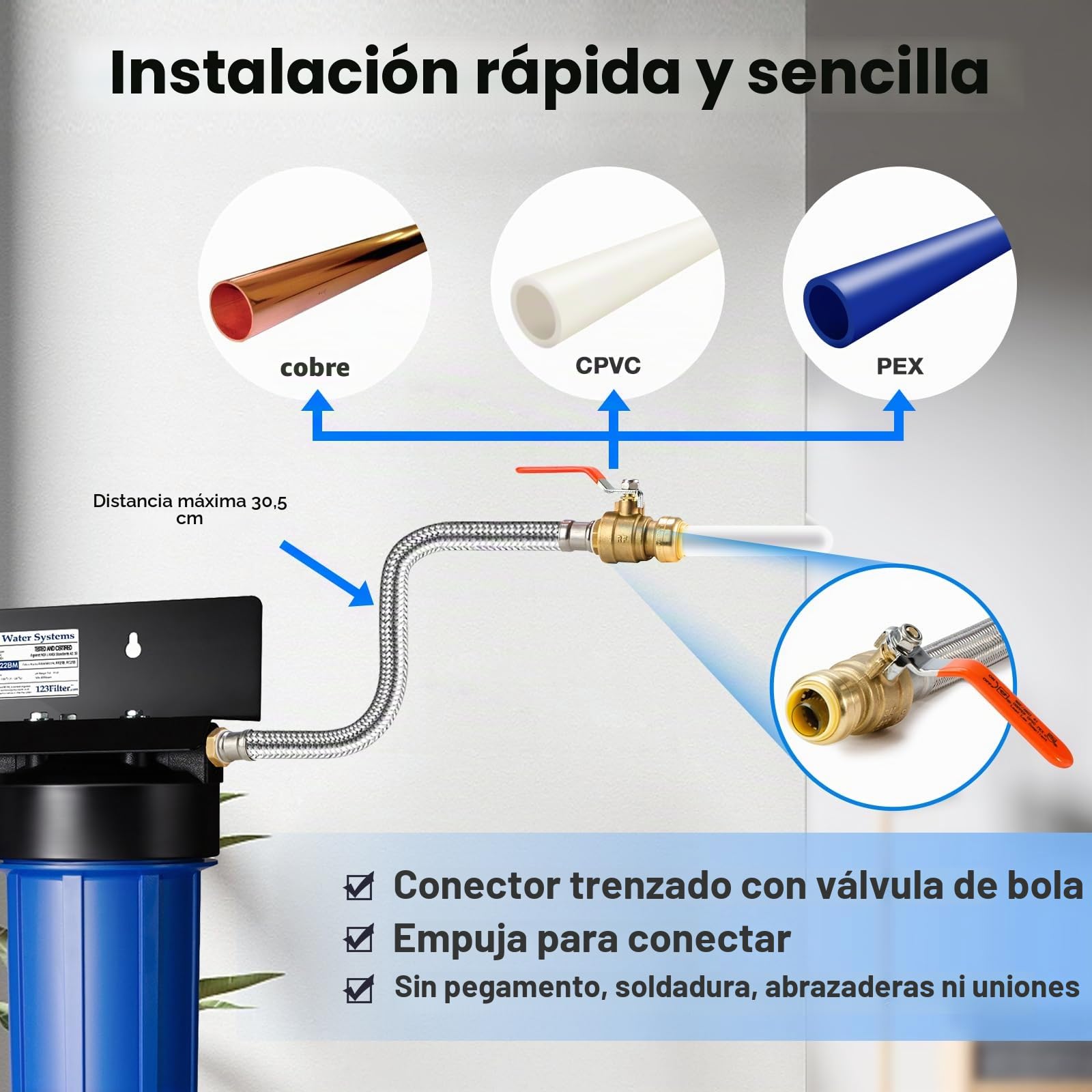 iSpring WGB21B+AH12MN16X2 Sistema de filtración de agua de 2 etapas para toda la casa con conectores de manguera de acero inoxidable trenzado a presión de 0.75 pulgadas y válvula de bola, azul