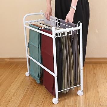 Trolley for Small Closet Pants Trolley Pants Rack, Rolling Hangers for Trouser/Jeans/Skirts, Save Space Clothes Stand Towel Rack with Swivel Castors, Hanger for Wardrobe