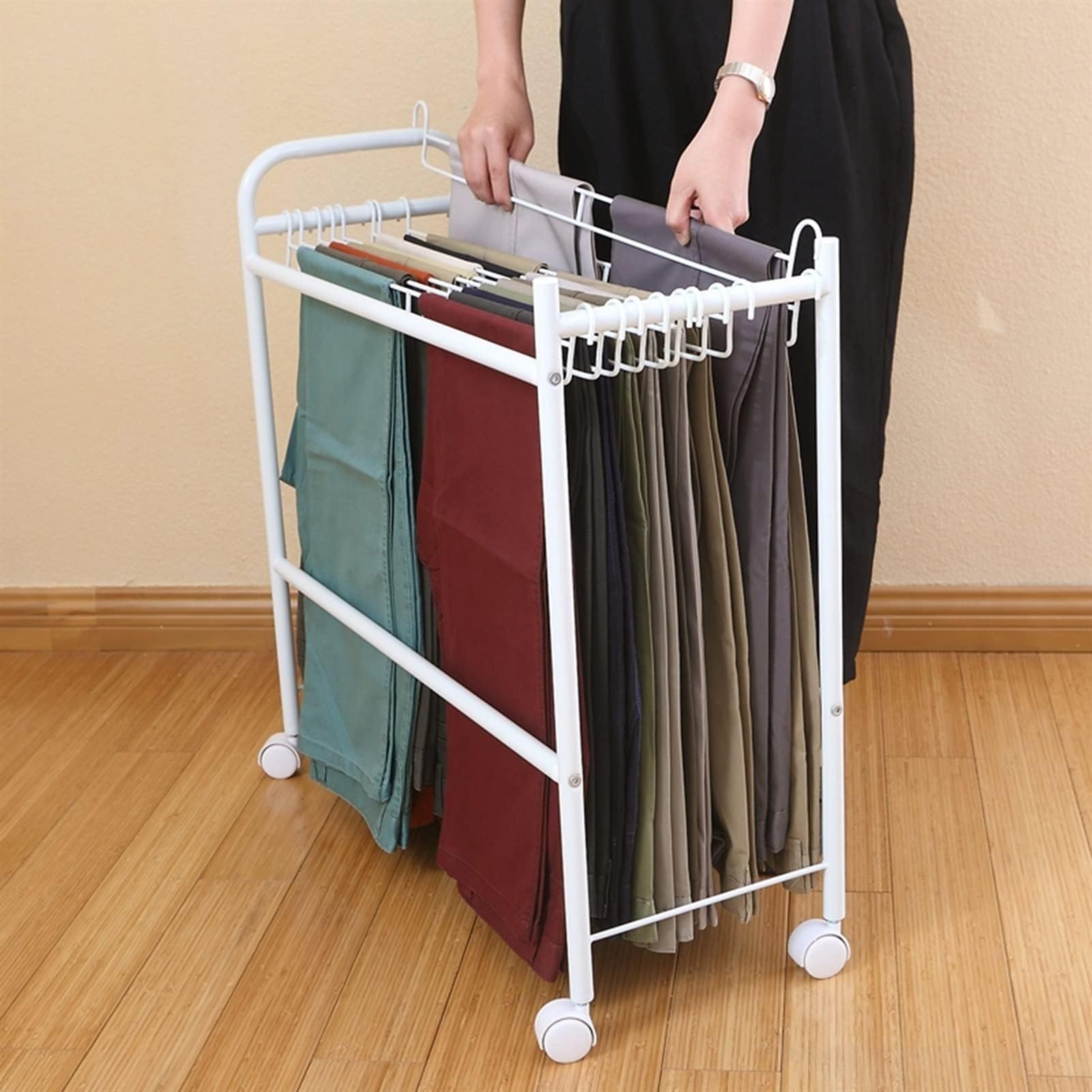 Genérico Perchero extraíble para Pantalones, Extensible, con cajón y Ruedas giratorias, Ideal para guardarropas pequeños, Ideal para Jeans, Pantalones y Faldas. Perchero versátil para guardarropas.