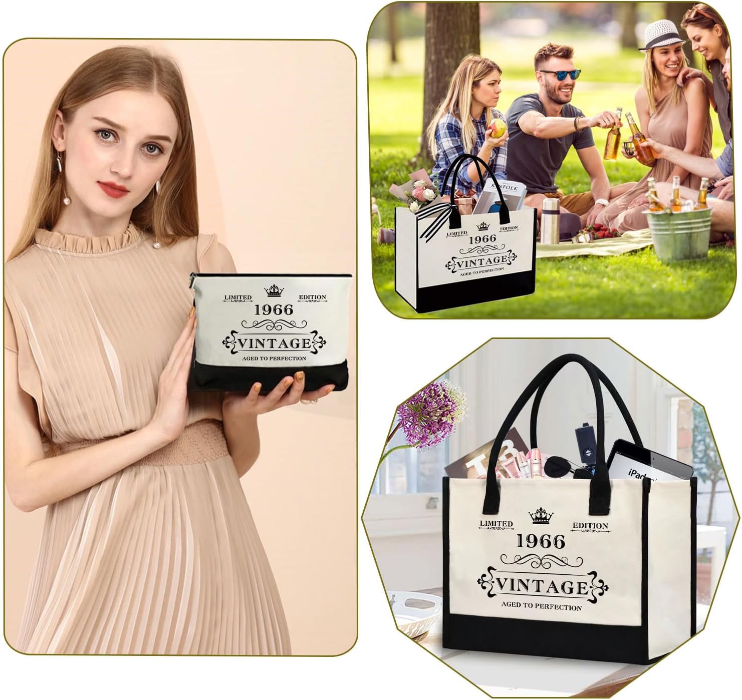 60th Birthday Gifts for Women Canvas Tote Bag, Vintage 1966 Beach Bag and Cosmetic Bag, Unique 60 Year Old Birthday Gifts for Wife Mom Sister Aunt Friends Her - Image 8