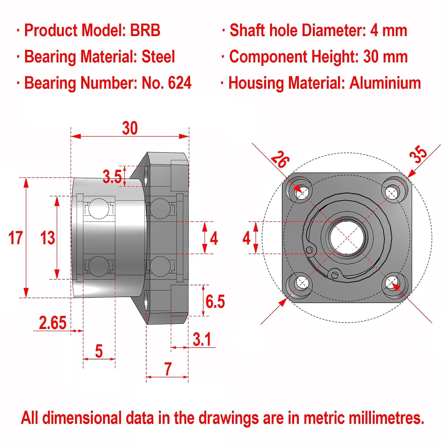 AUZHU- BRB - Metric- Double Bearings with Housing, Aluminium Alloy Round Flange Seat, Configurable Length, Deep Groove Ball Bearings with Retaining Ring Size: D 4 mm, L 30 mm, Bearing No.624